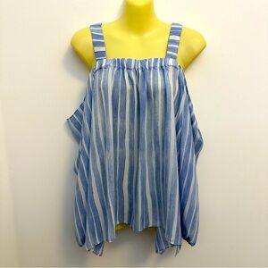 Vince Camuto Blue and White Striped Off Shoulder Long Sleeve Top